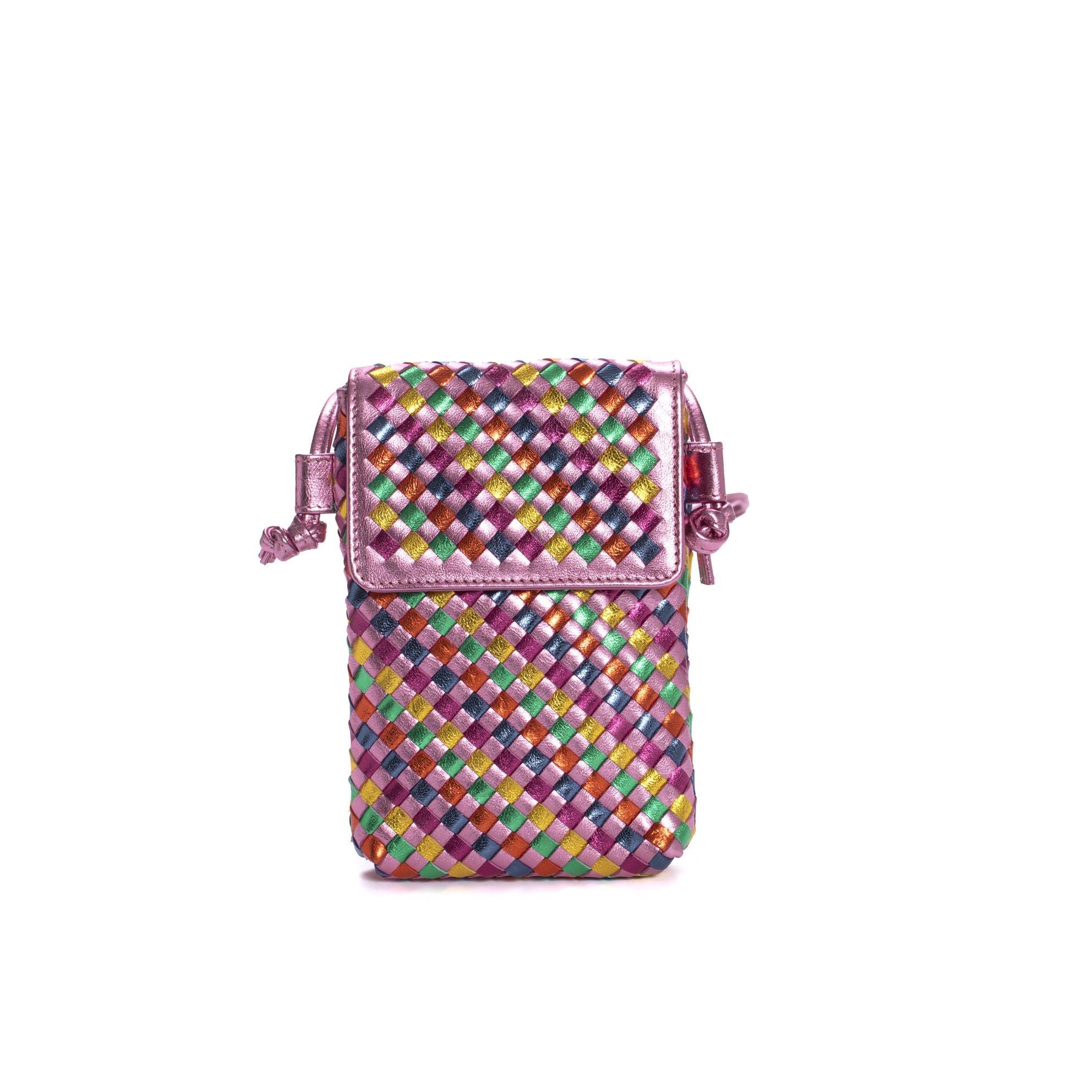 Funda para móvil PONS QUINTANA en piel trenzada a mano multicolor con tonos metálicos malva y correa ajustable.